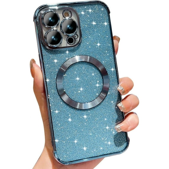 for iPhone 14 Pro Case Compatible with MagSafe, Cute Glitter Shockproof Magnetic Phone Case with Wireless Charging Support and Protection, Blue