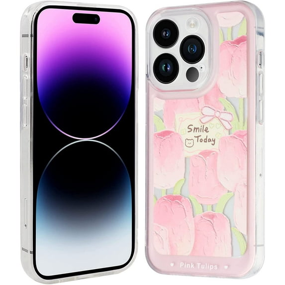 for iPhone 14 Pro Case, Soft Flexible Shockproof TPU Back Case Transparent Floral Case for iPhone 14 Pro 2022 (6.1 Inch), Pink Oil Painting Tulip