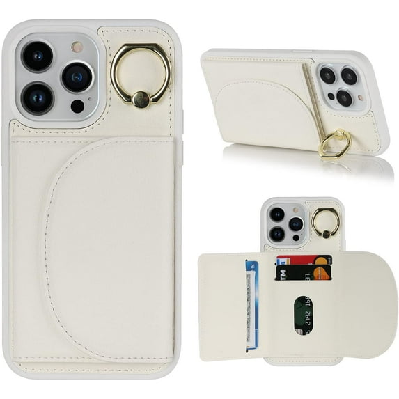 for iPhone 14 Pro Case with Card Holder - Credit Card Slot,RFID Blocking,360°Rotating Ring Kickstand and PU Leather Wallet Cover for Women(White)