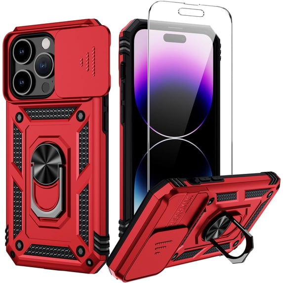 for iPhone 14 Pro Case with Slide Lens Cover HD Screen Protector, Grade Drop Protection, Rotated Ring Holder Kickstand Protective Phone Case,Red