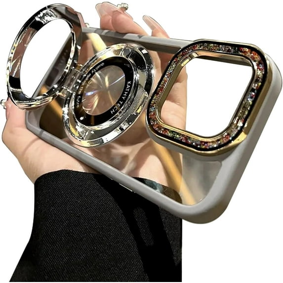 for iPhone 14 Pro Colorful Glass Beads,Bling Magnetic Holder Transparent Phone Case,Suitable for Magsafe,Light Luxury and Simplicity,Grey