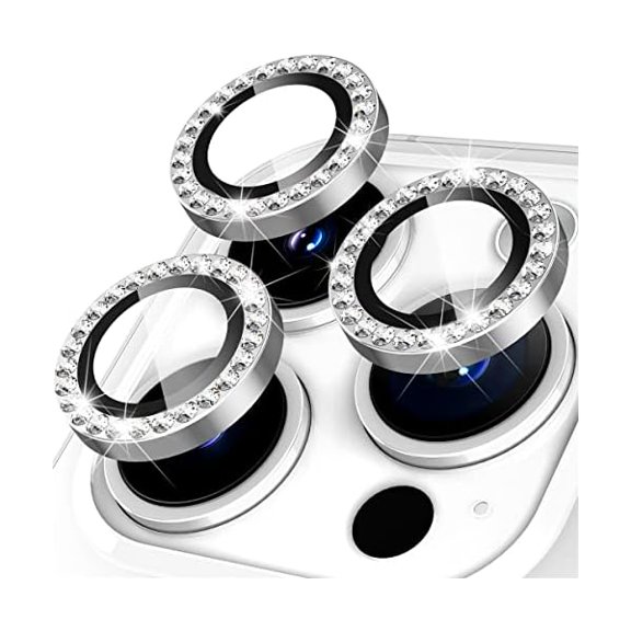 for iPhone 14 Pro Max / 14 Pro Camera Lens Protector, [Diamonds Bling] 9H Tempered Glass, Full Coverage Metal Protective Cover- Diamond Silver