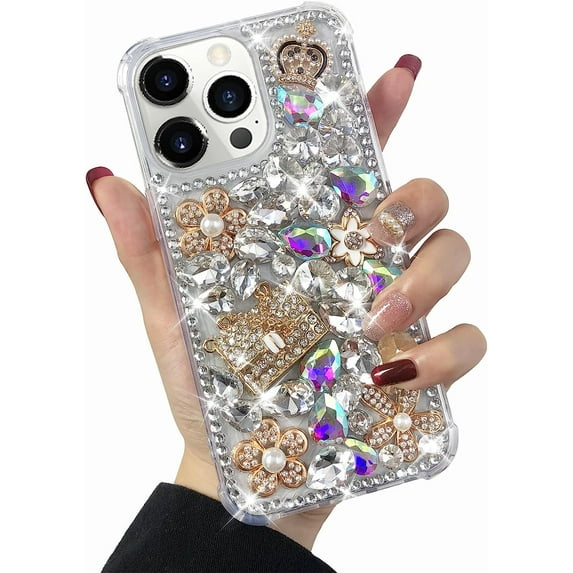 for iPhone 14 Pro Max Case Cute Bling Glitter for Women Girls 3D Rhinestone Dimaond Girly Flower Fashion Luxury Sparkle Phone Case