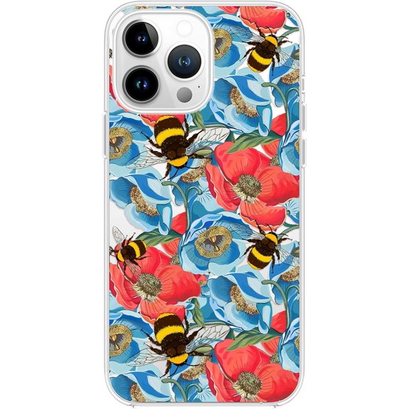 for iPhone 14 Pro Max Case, Cute Floral Bee Pattern Pretty Flower Design Transparent Soft TPU Protective Clear Case 6.7 inch (Bumblebee Flowers)