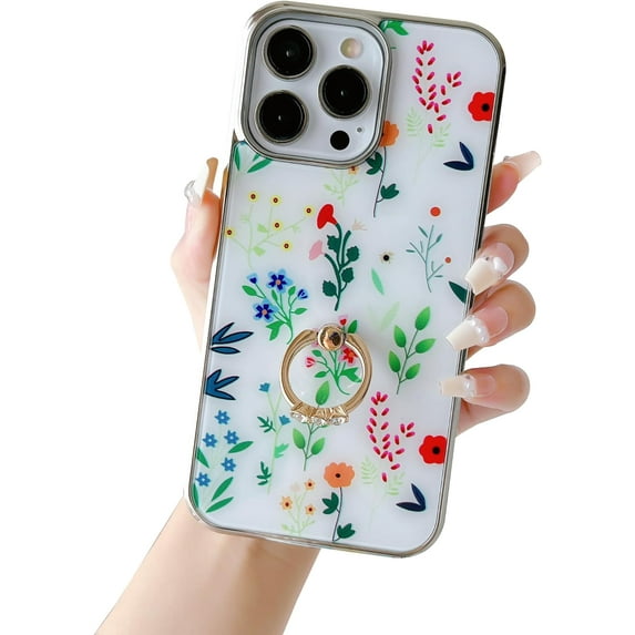 for iPhone 14 Pro Max Case Hybrid Silver TPU Bumper with Hard Back Floral Pattern Protective Phone Case with Ring Holder B