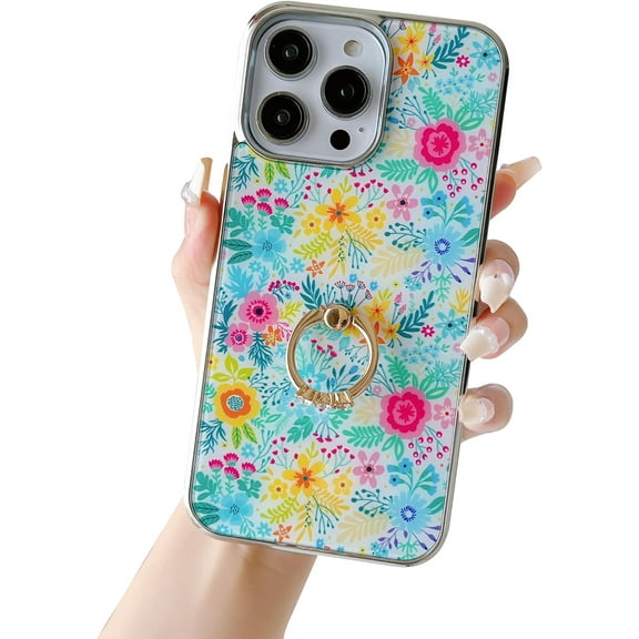 for iPhone 14 Pro Max Case Hybrid Silver TPU Bumper with Hard Back Floral Pattern Protective Phone Case with Ring Holder E