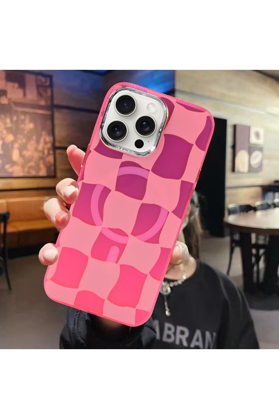 for iPhone 14 Pro Max Case Iridescent Fluorescent Magnetic [Support for Magsafe] Checkered Cute Pattern Crystal Phone Case -Pink