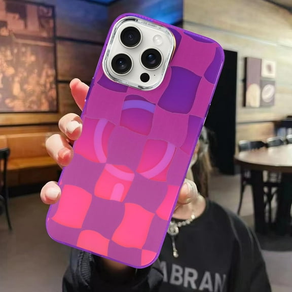 for iPhone 14 Pro Max Case Iridescent Fluorescent Magnetic [Support for Magsafe] Checkered Cute Pattern Crystal Phone Case -Purple