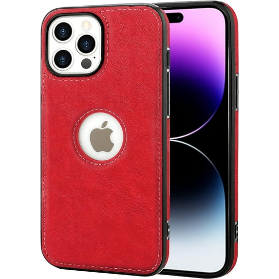 for iPhone 14 Pro Max Case PU Leather Vegan Slim Logo View Luxury Elegant Classic Screen Protector Protective Phone Case (2022) 6.7" - Red