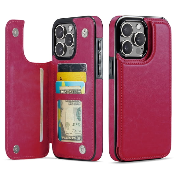 for iPhone 14 Pro Max Wallet Case with Card Holder, PU Faux Leather Kickstand Card Slots Case, Double Magnetic Clasp and Durable Shockproof Cover
