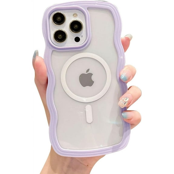 for iPhone 14 Pro Max Wave Case, Cute Kawaii Curly Wave Frame Clear Shockproof Cover for Girls Women, Compatible with Magsafe, Purple
