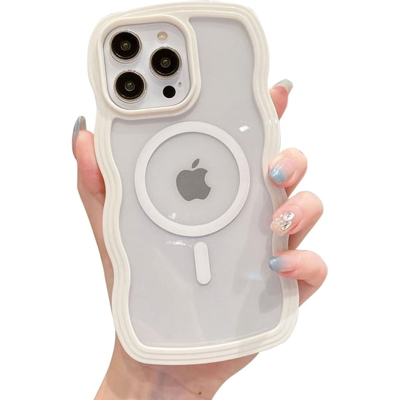 for iPhone 14 Pro Max Wave Case, Cute Kawaii Curly Wave Frame Clear Shockproof Cover for Girls Women, Compatible with Magsafe, White