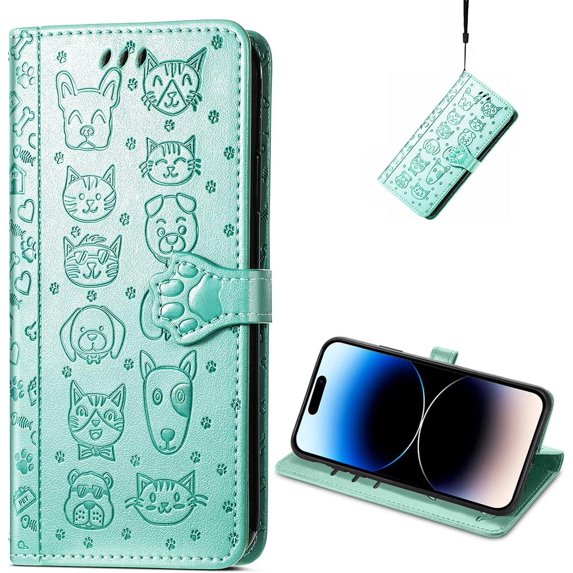 for iPhone 14 Pro PU Leather Flip Wallet Case, Cat Dog Cartoon Cute Style with ID Card Holder Phone Cover Case for Apple iPhone 14 Pro MG Green