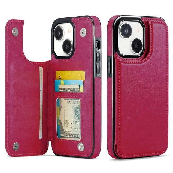 for iPhone 14 Wallet Case with Card Holder, PU Faux Leather Kickstand Card Slots Case, Double Magnetic Clasp and Durable Shockproof Cover
