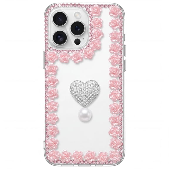 for iPhone 14ProMax Rhinestone Phone Case Designer Handmade 3D Pink Pearlescent Resin Floral Flower Bling Diamond Love Crystal Cover Women Girl