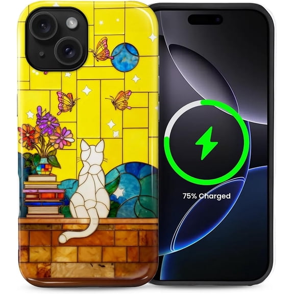 for iPhone 15 6.1in, Shockproof Anti-Slip with Full-Body Protection Cover, Glossy Textured Fashion Print Design for Girls Glass Cat