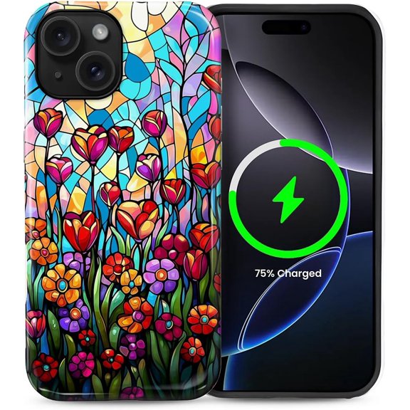 for iPhone 15 6.1in, Shockproof Anti-Slip with Full-Body Protection Cover, Glossy Textured Fashion Print Design for Girls Line Tulip