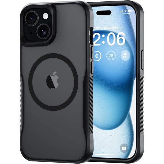 for iPhone 15 Case, Compatible with MagSafe, Translucent Matte Shockproof Anti-Slip Anti-Fingerprint Pocket-Friendly Phone Case Cover - Black