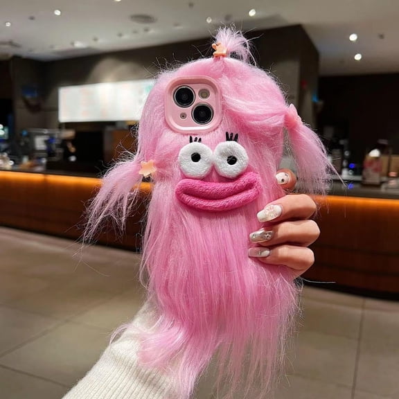 for iPhone 15 Case,Funny and Silly Weird Furry Phone Cases [DIY Long Hair with Hairclip] Ugly Phone Case Swap Challenge Gifts with Friends (Pink)