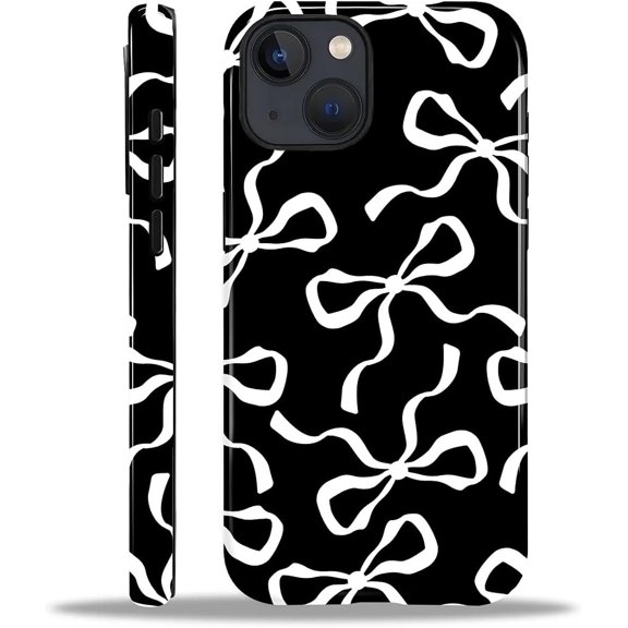 for iPhone 15 Case, HL2 Aesthetic White Bow Ribbon Hybrid 2 Layer Hard Shell Silicone Protective Pattern Design Case