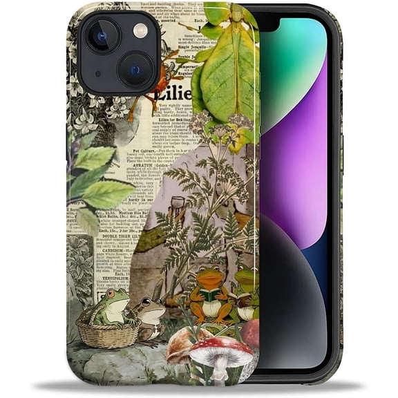 for iPhone 15 Case,Hybrid 2-Layer Hard Shell + Silicone Protective Case -Resistant Shockproof- Green Cute Sticker Frog Red Mushroom Collage