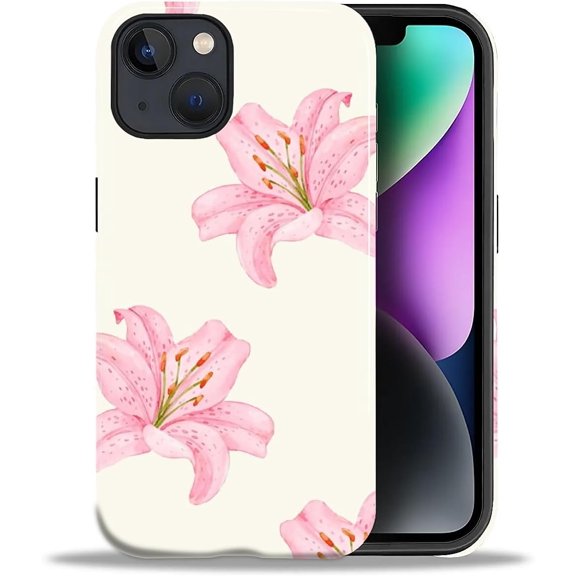 for iPhone 15 Case,Hybrid 2-Layer Hard Shell + Silicone Protective Case -Resistant Shockproof- Pink Tiger-Skin Lily Collage