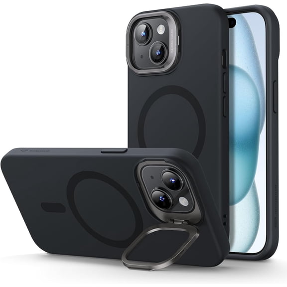 for iPhone 15 Case, MagSafe Silicone Case with Stand, -Grade Protection, Built-in Camera Stash Stand,  Phone Case for iPhone 15, Cloud Series, Black