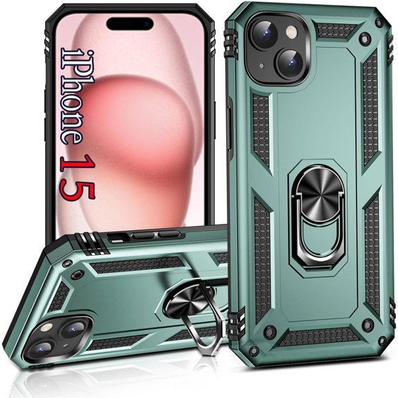 for iPhone 15 Case,[Military Grade Shockproof] with Ring Stand Shockproof Cover for iPhone 15 6.1 inch -Ink Green