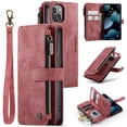 thumbnail image 1 of for iPhone 15 Case, Wallet Case with Card Holder Kickstand Magnetic Zipper Pocket Lanyard Strap Wristlet, Leather Flip Case Wallet for iPhone 15, Red, 1 of 6