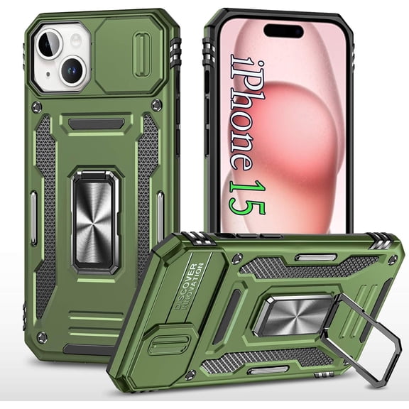 for iPhone 15 Case,with Camera Cover and Kickstand,[Heavy Duty Shockproof Case][Military-Grade Drop Protection] for iPhone 15 Case Army Green