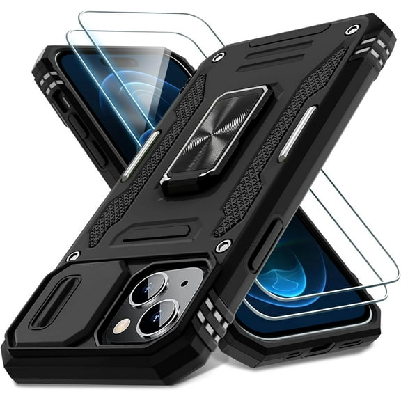 for iPhone 15 Case with Slide Camera Cover + Screen Protector (2 Packs), Rotated Ring Kickstand Military Grade Shockproof Protective Cover-Black
