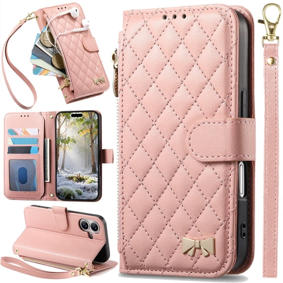 for iPhone 15 Leather Case Classic Diamond Quilted Checkered Pattern Wallet, Multi-layer Card Slot, Magnetic Clasp, Wrist Strap, Metal Bow