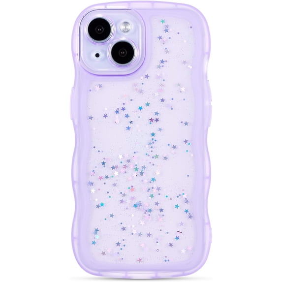 for iPhone 15 Plus Case 6.7",Cute Curly Wave Case with Star Glitter,Clear Shiny Bling Soft TPU Shockproof Phone Protecive Case for Women Girls-Purple