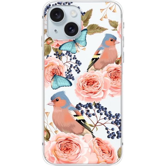 for iPhone 15 Plus Case, Cute Floral Bird Style with Rose Flower Design Transparent Soft TPU Protective Clear Case 6.7 inch (Birds&Butterflies)