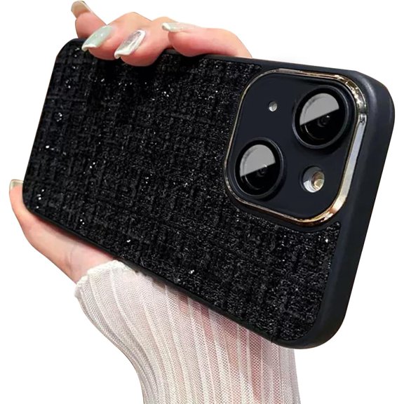 for iPhone 15 Plus Case with Full Camera Len Protector Woven Flannelette Individuality Cute Pretty Phone Case Soft Protective Cellphone Case-Black