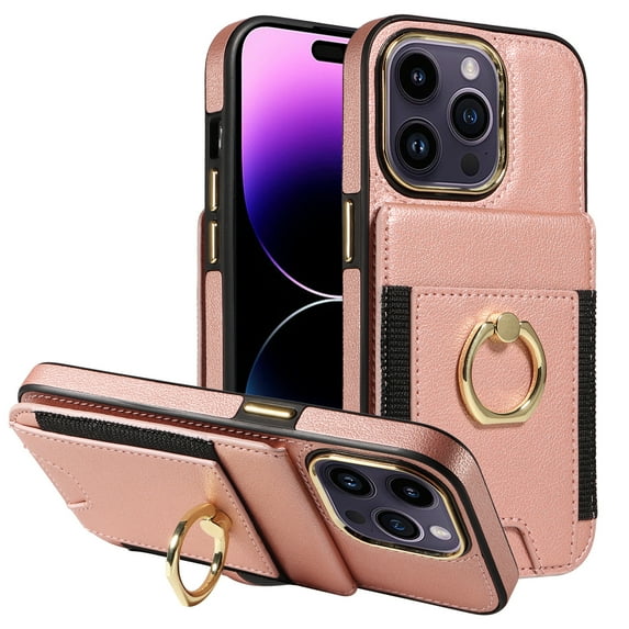 for iPhone 15 Pro (6.1 inch) Wallet Case with Credit Card Holder and 360° Rotation Ring Stand, RFID Block Flip Leather Shockproof