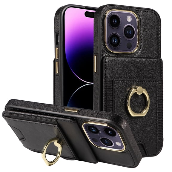 for iPhone 15 Pro (6.1 inch) Wallet Case with Credit Card Holder and 360° Rotation Ring Stand, RFID Block Flip Leather Shockproof
