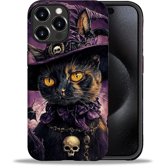 for iPhone 15 Pro Case, Adopting a Mixed Double-Layer Protective Matte Shell Design, it is Fashionable and Beautiful, Halloween Skeleton Black Cat.