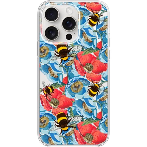for iPhone 15 Pro Case, Cute Floral Bee Pattern Pretty Flower Design Transparent Soft TPU Protective Clear Case 6.1 inch (Bumblebee Flowers)