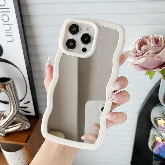 for iPhone 15 Pro Case Mirror Curly Wave Frame Shape Silicone Cute Shockproof Utra Thin Protective Phone Cases for iPhone 15 Pro Mirror