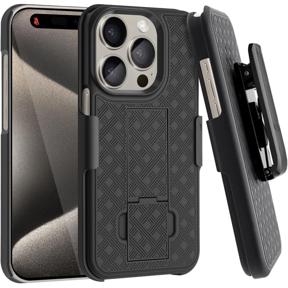 for iPhone 15 Pro Max Case, Belt Clip Holster Rugged Combo Armor Shell Kickstand Rotating Swivel Shockproof Cover For iPhone 15 Pro Max 6.7"(Black)