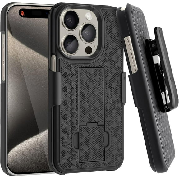 for iPhone 15 Pro Max Case Belt Clip Holster Rugged Combo Armor Shell Kickstand Rotating Swivel Shockproof Cover For iPhone 15 Pro Max 6.7"(Black)