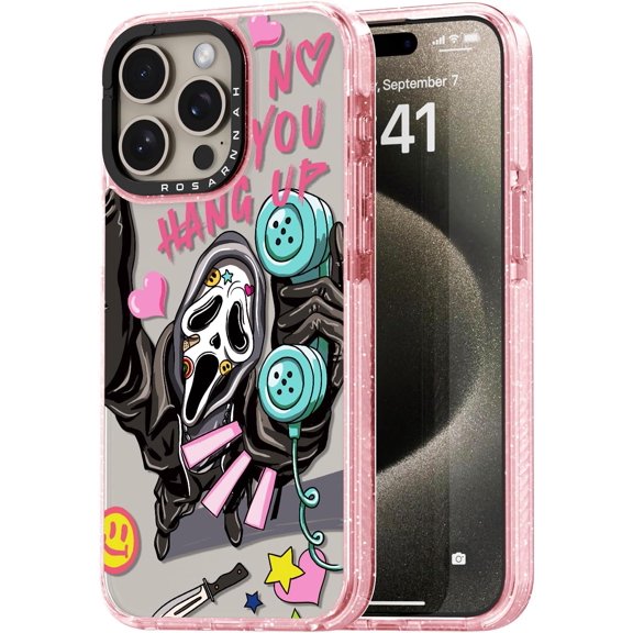 for iPhone 15 Pro Max Case Cute - Durable Shockproof 6.6 ft Drop Impact Phone Case - Funny Skeleton Design (6.7") Glitter Pink