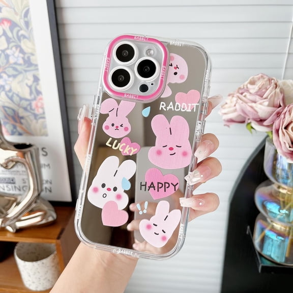 for iPhone 15 Pro Max Case Cute Mirror Girly Pink Rabbit Women Silicone Slim Protective Phone Cases for iPhone 15 Pro Max (Rabbit, iPhone 15 Pro Max)