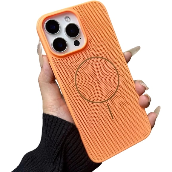 for iPhone 15 Pro Max Case,Heat Dissipation Breathable Hollow Mesh Shockproof Magnetic Compatible with MagSafe Wireless Charging (Orange,15 Pro Max)