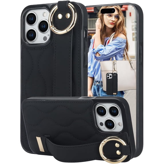 for iPhone 15 Pro Max Case with Wristband Strap, PU Leather Phone Case with Ring Stand Case for iPhone 15 Pro Max ZWD Black