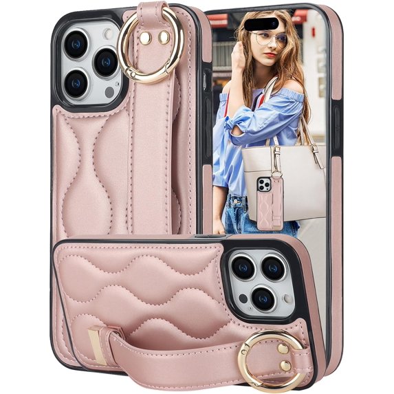 for iPhone 15 Pro Max Case with Wristband Strap, PU Leather Phone Case with Ring Stand Case for iPhone 15 Pro Max ZWD Rose