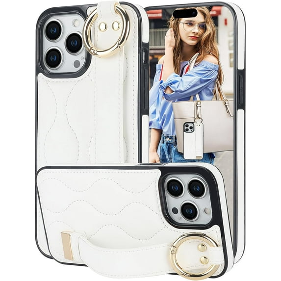 for iPhone 15 Pro Max Case with Wristband Strap, PU Leather Phone Case with Ring Stand Case for iPhone 15 Pro Max ZWD White