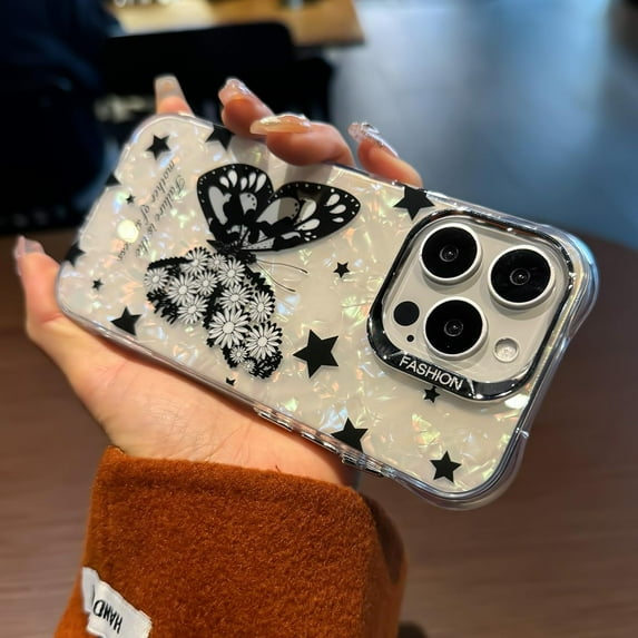 for iPhone 15 Pro Max Phone Case 6.7 inch, Aesthetic Bling Butterfly for Women Girls, Puffer Soft TPU & Hard Pc Black