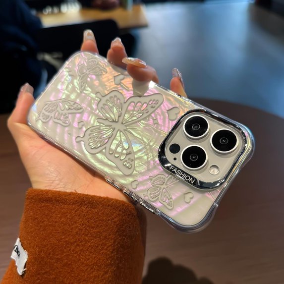 for iPhone 15 Pro Max Phone Case 6.7 inch, Aesthetic Bling Butterfly for Women Girls, Puffer Soft TPU & Hard Pc White